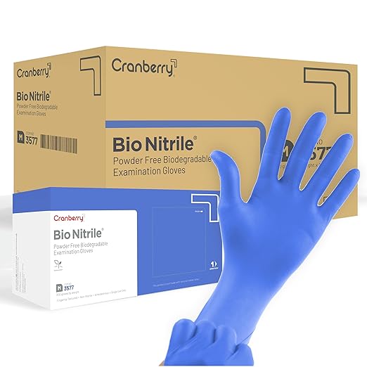 Cranberry USA Bio Nitrile Exam Gloves, Case of 3000, Small, Blue, Biodegradable, 2.2 Mil