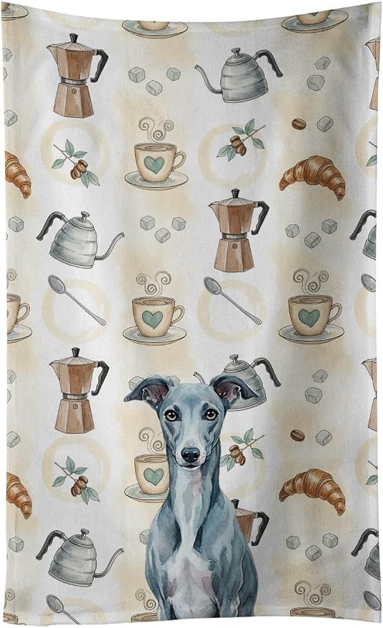 Caroline's Treasures Blue Whippet Coffee Bar Kitchen Towel Velour Plush Front and Cotton Loop Back Machine Washable