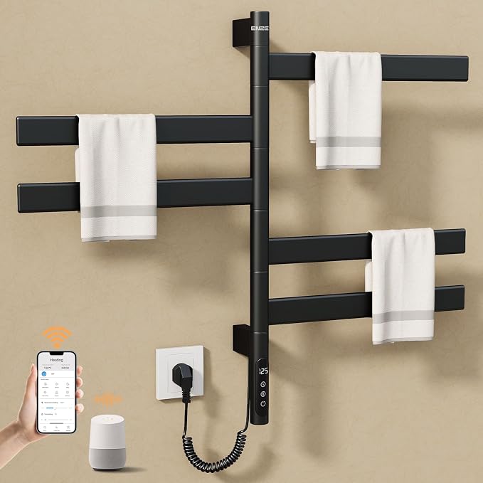 ENZE Smart Rotating Heated Towel Rack for Bathroom, 5-Bar Wall-Mounted Electric Towel Warmer with Swivel Bars, Wi-Fi App Control, 24H Timer, Stainless Steel, IPX5, Hardwired/Plug-in, Matte Black