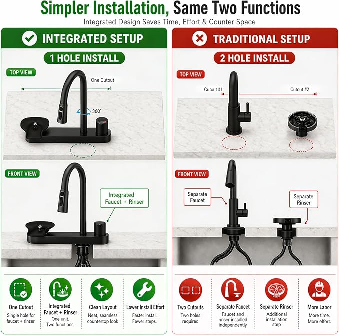 Kitchen Faucet with Pull Down Sprayer & Cup Washer, Glass Rinser Faucet for Kitchen Sink, Lead-Free Brass Waterway, 3 Spray Modes Single Handle, Single Hole for Sink Farmhouse RV Bar Black