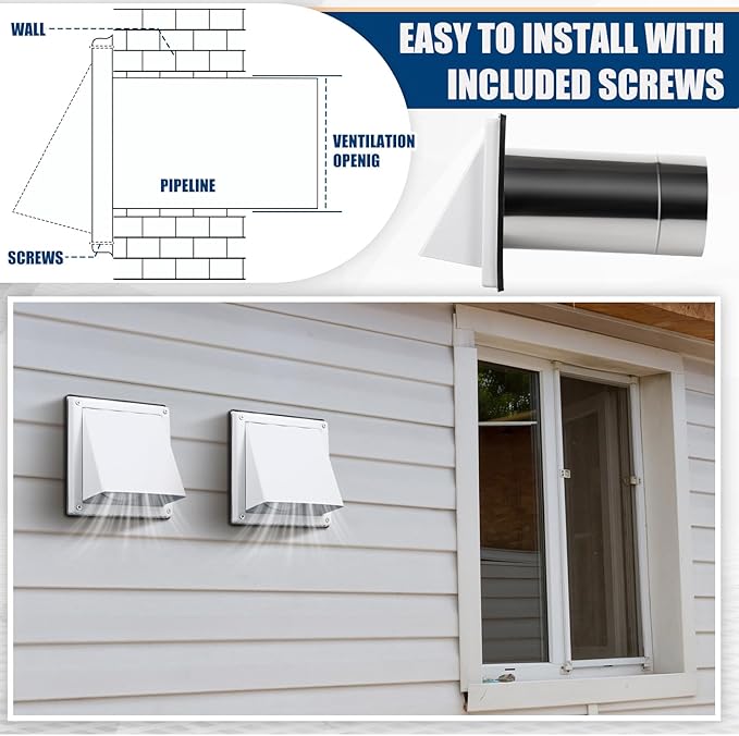 Gisafai 4" Dryer Vent Cover Outside with Stainless Steel Guard Wall Dryer Exhaust Cap and Removable Extended Pipe Vent Shroud Hood Cushioned Non Return Flap with Sealing Gasket Grille(White)
