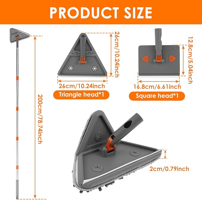 Baseboard Cleaner Tool with Handle,Folding Wall Mop with 79" Extension Pole, Swivel Wall Cleaner Mop with Squeegee, 8 Reusable Pads for Baseboard, Wall, Ceiling, Window, Floor, Furniture