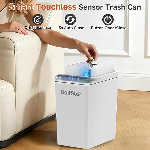 Solar Automatic Trash Can: 2 Pack 4 Gallon Motion Sensor Garbage Can, No Charging Required, Slim Smart Touchless Trash Bin with Lid for Bedroom, Living Room, Bathroom, Office, RV, White