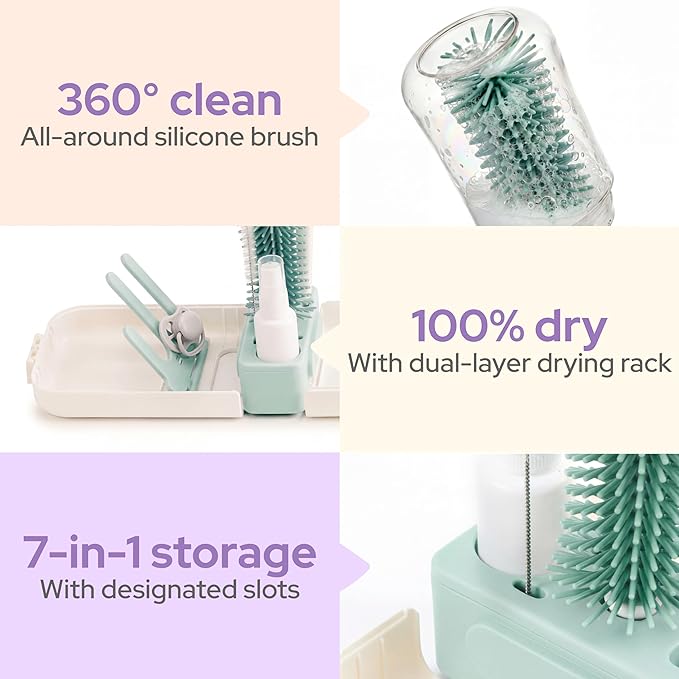 Lalalark Bottle Brush Kit, 7-in-1 Foldable Baby Bottle Drying Rack & Cleaning Set for Home and Travel, Perfect Essentials Gift for Mom After Birth, Cyan