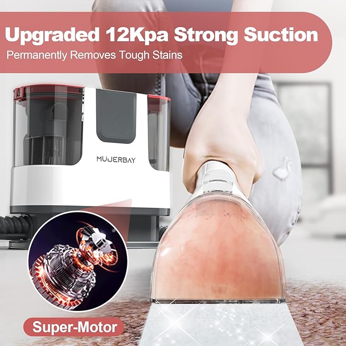 Upholstery Carpet Cleaner, MUJERBAY 12Kpa Portable Spot and Stain Cleaner, Easy Move with Universal Wheels & Handle, 1.19-inch Deep Cleaning Machine for Couch, Stairs, Car and Pet Messes.White