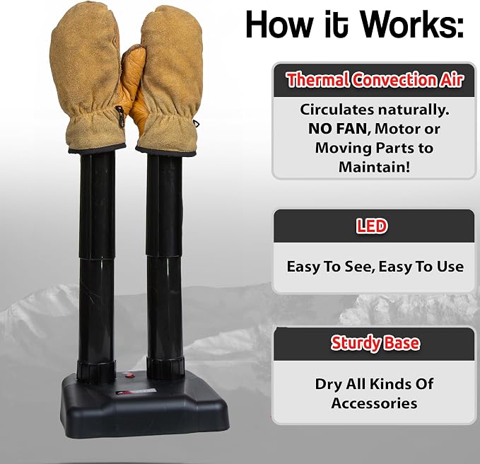 Silent Boot Dryer - With Glove Attachments - Fanless Convection Dry - Helps Reduce Odor
