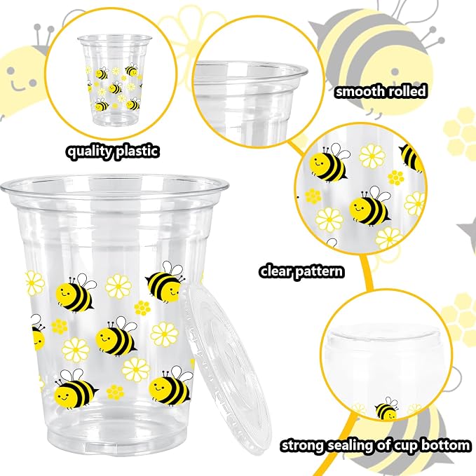 FYSUIMU 50Pcs 12Oz Floral Bee Plastic Cups with Lids & Straws Disposable Clear Drinking Cups for Summer Birthday Baby Shower Party Supplies