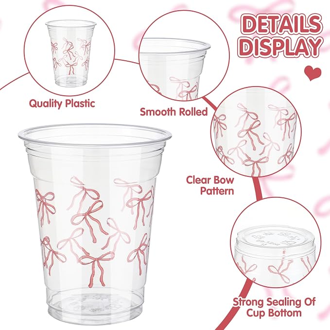 Qinyoung 100 Pcs 12 oz Pink Bow Plastic Cups with Paper Straws Pink Bowknot Cute Coquette Disposable Cups Bulk for Birthday Wedding Summer Bridal Engagement Just Wanna Be One Birthday Party Supplies