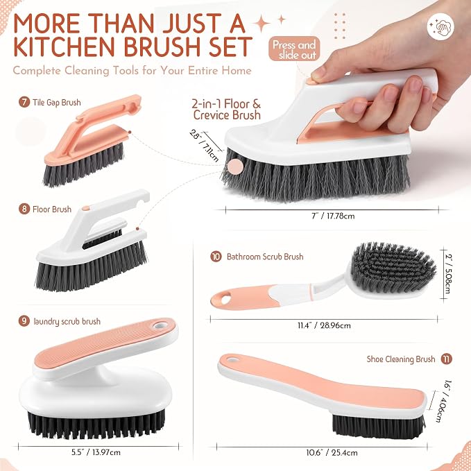 10 Pack Dish Brush Set for Household Use Kitchen Scrub Brushes with Non-Slip Long Handle Multi-Purpose Cleaning Brushes for Dishes Pot Pan Kitchen Sink Tub Cup Clothes Shoes Floor (Pink)