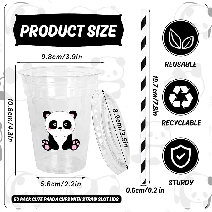 Whaline 50 Pcs Panda Disposable Plastic Cups with Lids and Straws Cute Animal Cold Beverage Drinking Cups for Baby Shower Birthday Party Supplies