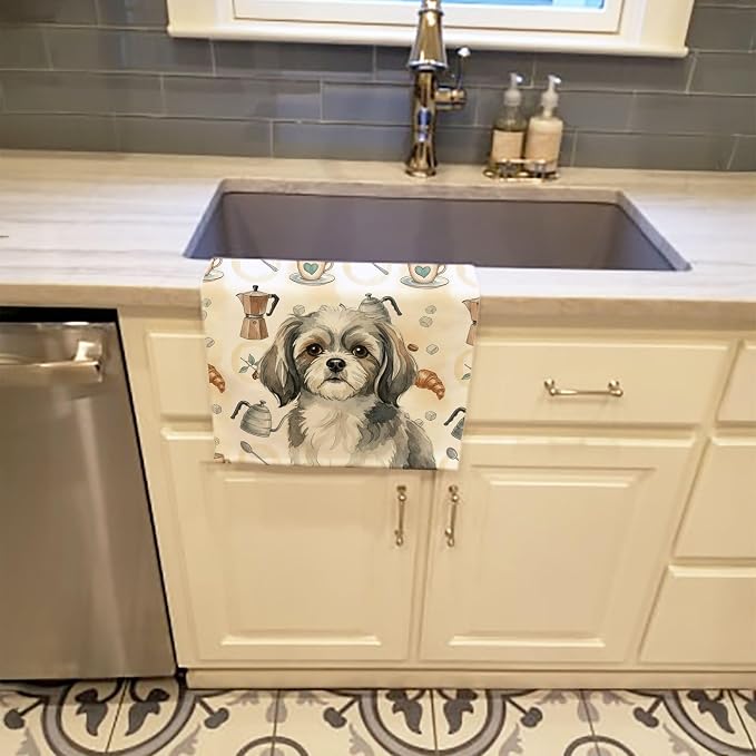Caroline's Treasures Grey and White Tibetan Spaniel Coffee Bar Kitchen Towel Velour Plush Front and Cotton Loop Back Machine Washable