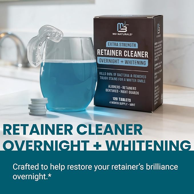 Overnight + Whitening Retainer Cleaner, Remove Stains, Discoloration, and Plaque | 4 Month Supply | Denture Cleanser with Whitening Boost,120 Tablets by M3 Naturals (Pack of 2)