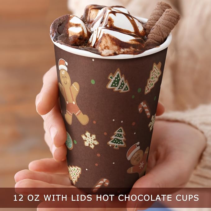 Gerrii 100 Set Christmas Paper Cups Disposable 12 oz with Lids Hot Chocolate Cups Coffee Cups Holiday Hot Cups for Hot and Cold Drinks Tea Water Bar Supplies Winter Season (Gingerbread Man Style)