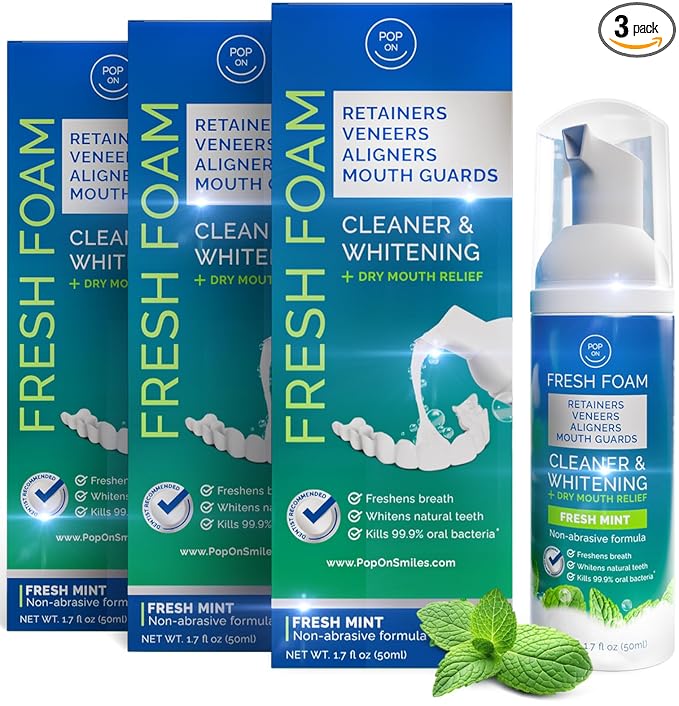 Aligner & Retainer Cleaner Fresh Foam – Dry Mouth Relief, Compatible with All Clear Aligners, Retainers, Mouth Guards, Night Guards, Veneers, Whitens, Freshens, 3% Hydrogen Peroxide, Mint - 50ml 3pcs