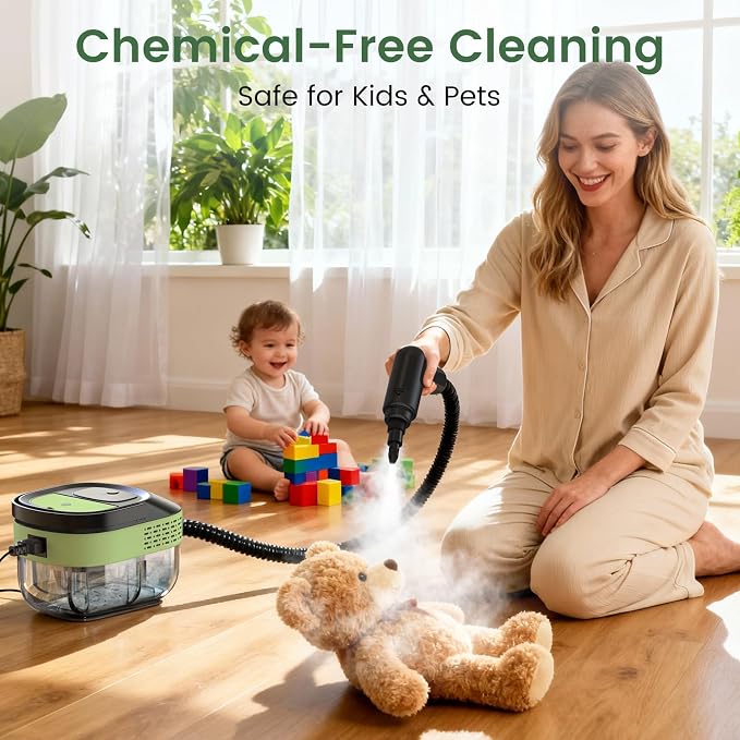 Pressurized Steam Cleaner 1.6L, 3-Level Adjustable Steamer for Cleaning, 10s Heat-Up, 2500W Handheld Steamer Cleaner for Home, Car, Kitchen, Floor, Multi-Surface Cleaning Machine (Black & Green)