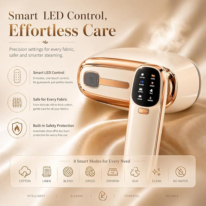 Portable 1500W Handheld Clothes Steamer– 20s Rapid Heat-Up, 17 Steam Vents, 8 One-Touch Fabric Modes, 260 mL Tank for Home, Travel & Business