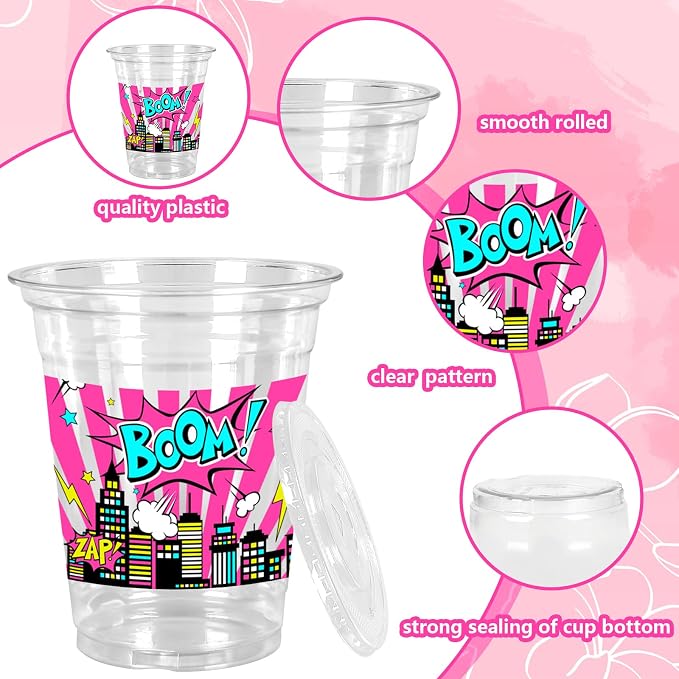 FYSUIMU 50Pcs 12Oz Pink Hero Themed Plastic Cups with Lids & Straws Skyline Super Girly Building Disposable Clear Drinking Cups for Birthday Baby Shower Party Supplies