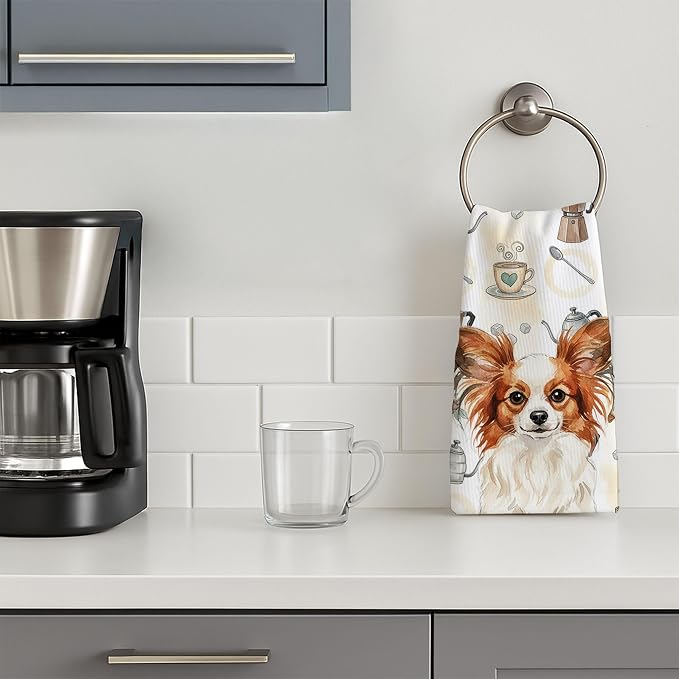 Caroline's Treasures White with Red Papillon Coffee Bar Kitchen Towel Velour Plush Front and Cotton Loop Back Machine Washable