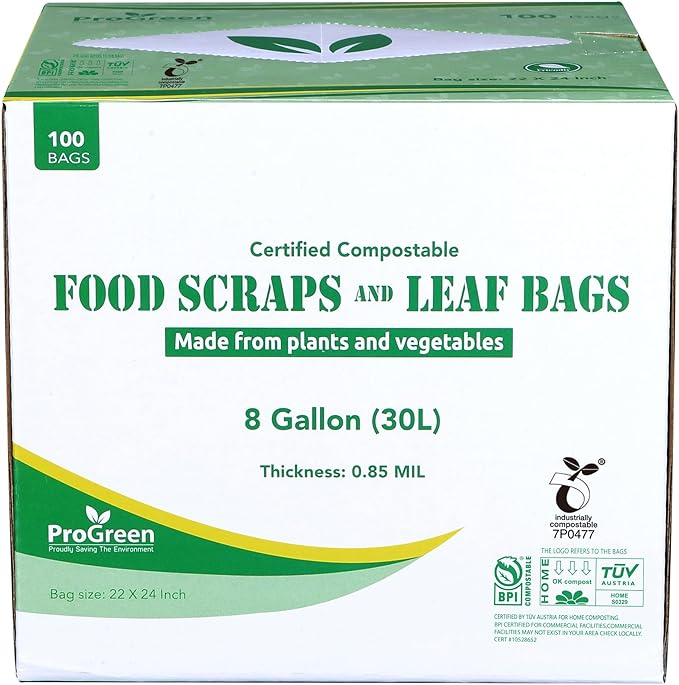 Compostable Trash Bags, Extra Thick, Compost Kitchen Bin Bags, Food Scraps Yard Waste Bags, ASTM D6400 BPI and TÜV AUSTRIA Certified (8 Gallon, Pack of 100)