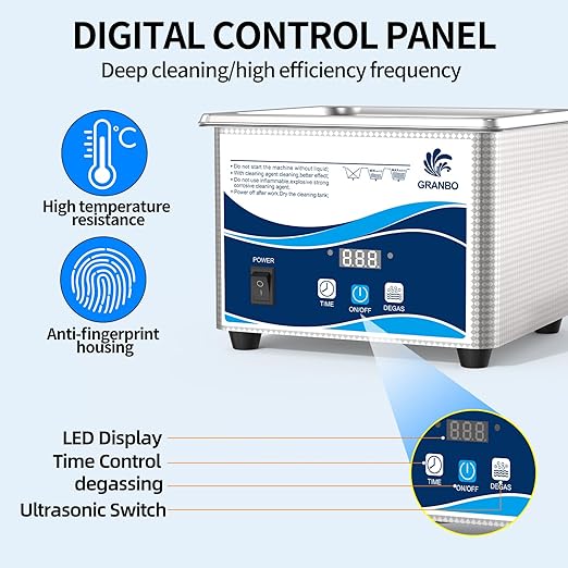 Granbo Ultrasonic Cleaner 1.3L Jewelry Cleaning Ultrasonic Machine 40kHz with Digital Timer and Degassing,110V Digital Ultrasonic Parts Cleaner for Denture Dental Oral Irrigator Parts Glasses