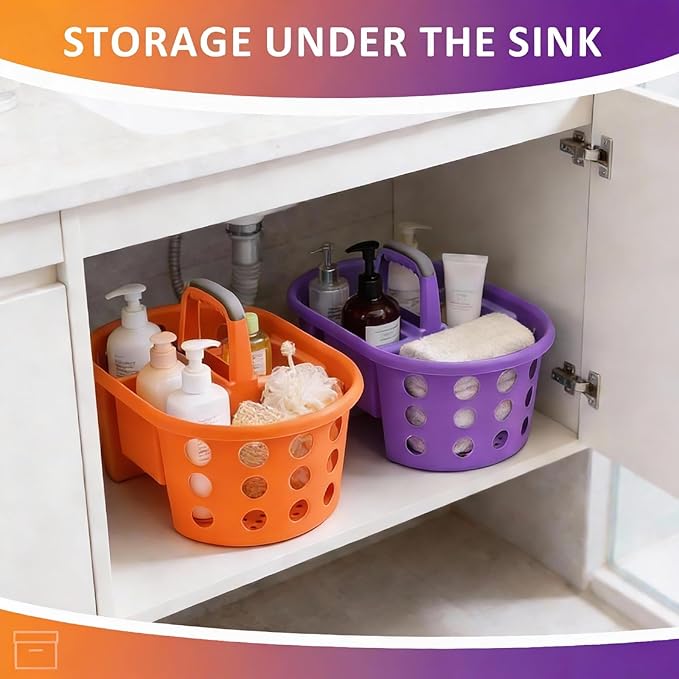 SIMPLYKLEEN Large Shower Caddy Portable 2PC - Made in USA Plastic Jumbo Size Dorm Storage Candy Tote with Handle Shower Organizer for Bathroom, Pantry, Kitchen, College Dorm, Orange/Purple