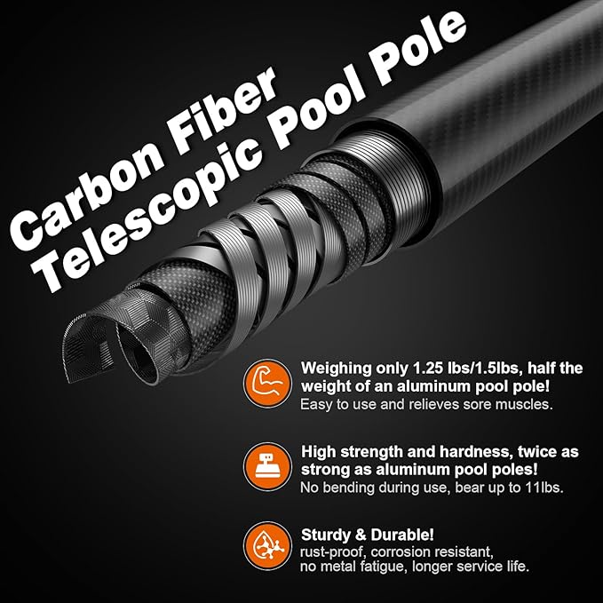 Carbon Fiber Pool Pole - Professional 15 Foot Telescopic Pool Cleaning Pole, Pool Skimmer Net Pole, Telescoping Swimming Pool Poles Heavy Duty 15FT