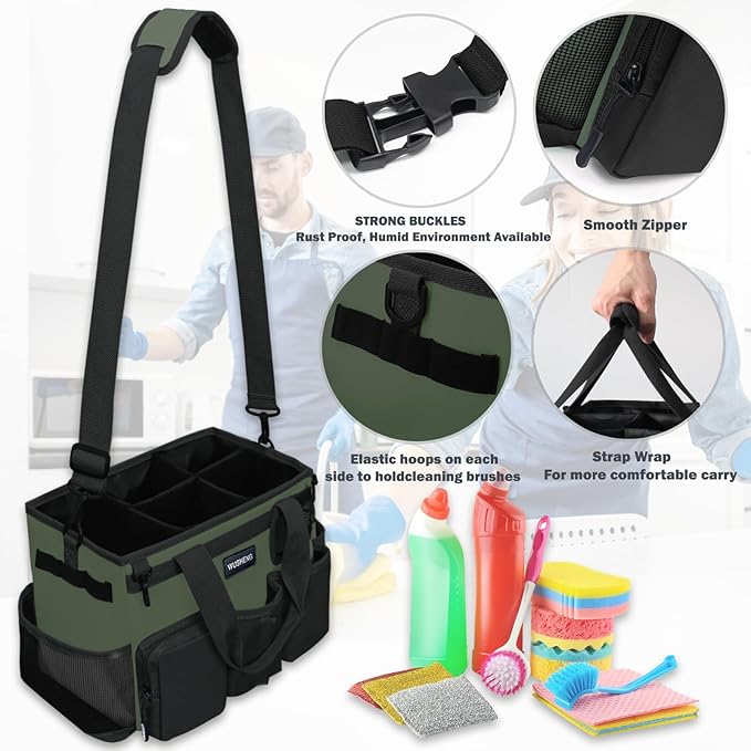 Wearable Cleaning Caddy Bag,Cleaning Supply Tote for Cleaning Supplies, Cleaning Organizer with Adjustable Shoulder and Waist Straps for Cleaners & Housekeepers (Green and Black, Large)
