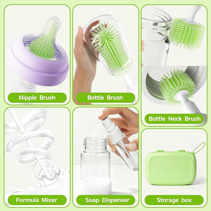 Electric Bottle Brush Cleaner,Portable Electric Baby Bottle Brush Cleaner with Storage Box,Long Battery Life,IPX7 Waterproof,Rechargeable Baby Bottle Cleaning kit for Home & On-The-Go(Avocado Green)