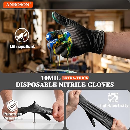 ANBOSON 10mil Heavy Duty Nitrile Gloves,Black Disposable Rubber Gloves with Diamond Grip Anti Chemical Puncture Resistant Mechanics Guantes for Men/Auto repair/Cooking/Food Grade-Latex Free-Medium 100