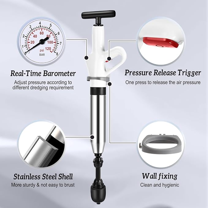 High Pressure Air Drain Blaster, Drain Plunger Equipped with 360° Rotating Elbow/Base High-Pressure Air Plunger Kit for Unclogging Toilets/Sinks/Bathtubs/Floor Drains