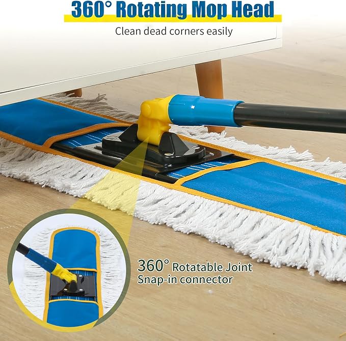 24" Commercial Dust Mop for Floor Cleaning, Heavy Duty Large Industrial Floor Duster with 2 Cotton Mops Pads, Wet Dry Mops for Hardwood Floors, Concrete, Marble, Laminate, Tile, Garage, Blue