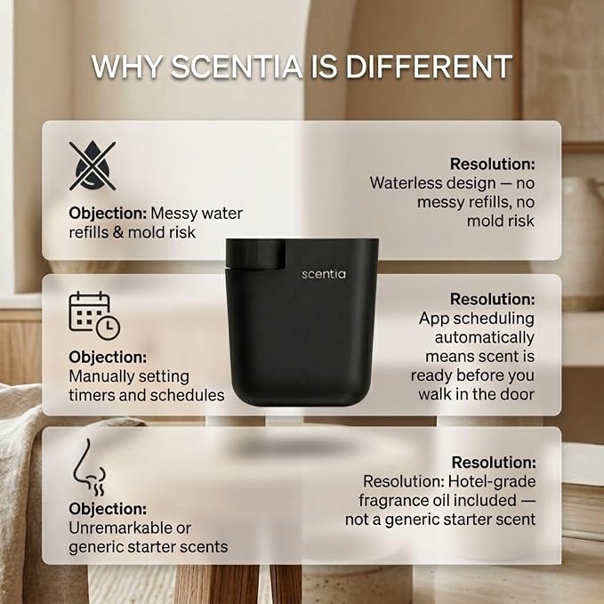Scentia Waterless Plug-in Scent Diffuser for Home & Office with App Control, Cold-Air Diffuser, 600 Sq Ft Coverage, Hotel-Inspired Essential Oil Blend Included, Housewarming Gift – Scentia, Black