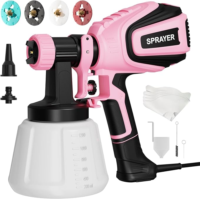 VONFORN Paint Sprayer, 700W HVLP Spray Gun with Cleaning & Blowing Joints, 4 Nozzles and 3 Patterns, Easy to Clean, for Furniture, Cabinets, Fence, Walls, Door, Garden Chairs etc. VF803 Pink