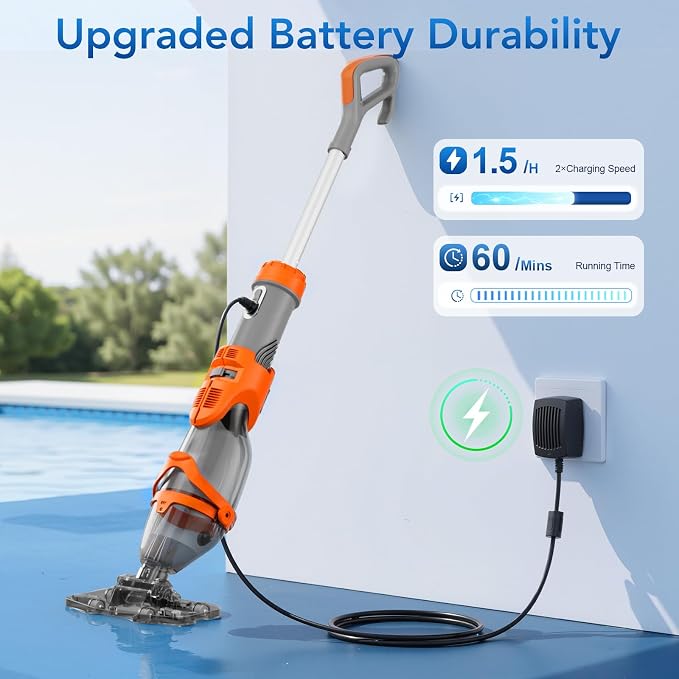 (2026 Upgraded) COWSAR Cordless Pool Vacuum, 19.5 GPM/50kPa Dual Modes Powerful Suction, 13.4" Wider Head & 70.9" Telescopic Pole, 1H Runtime