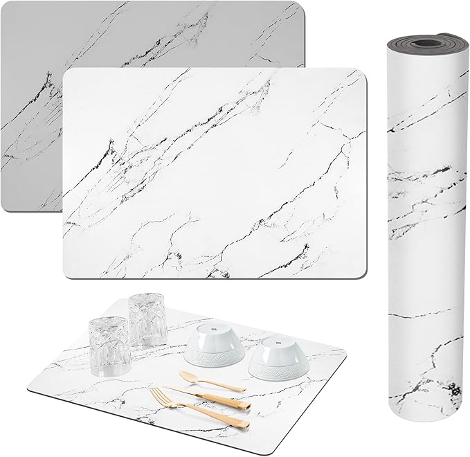 2 Pack Dish Drying Mat For Kitchen Counter,24"x16" Coffee Mat，Absorbent Hide Stain Non-slip Rubber Backed，Easy Clean, Heat-resistant, Large Kitchen Drying Mat（White+Gray）