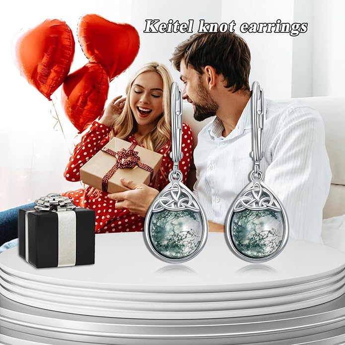 PELOVNY Celtic Knot Filigree Earrings for Women 925 Sterling Silver Moss Agate/Birthstone Infinity Earrings Birthday Christmas Jewelry Gifts for Mom Daughter Wife Sister