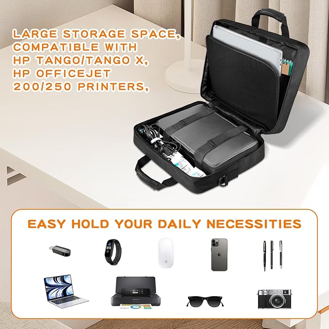 Double-Layer Portable Mobile Printer Storage Bag with 16.14 in Compatible with HP Tango/Tango X, HP Officejet 250/200 Printer Carrying Case with Laptop Layer, Shoulder & Trolley Strap