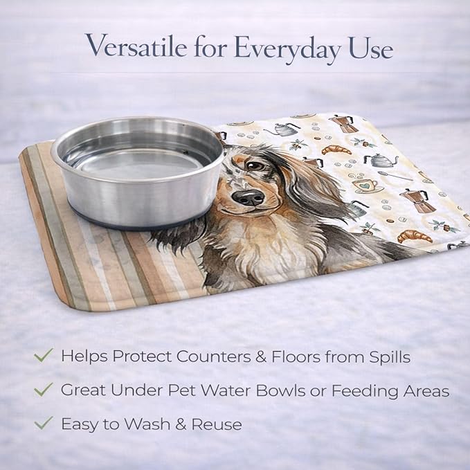 Caroline's Treasures Longhaired Dapple Dachshund Coffee Bar Dish Drying Mat Absorbent Dish Drying Mat Pad for Kitchen Counter Dish Drainer Mat for Countertop, 14 x 21", Multicolor