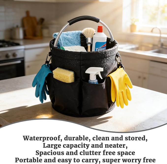 JINGYAN 17L Large Collapsible Folding Cleaning Caddy with Handle & 6 Side Pockets – Portable Waterproof Bucket Tote for Cleaning Supplies, Housekeeping, Laundry, Bathroom & Outdoor Storage
