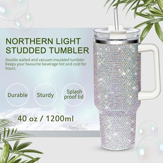 HWISDMIG 40oz Tumbler with Handle-Glitter Rhinestones Tumbler Bling Cups Stainless Steel Water Bottle Diamond Studded Tumbler for Women-Birthday Gifts for Women, Mom, Wife, Girlfriend (40 oz, Shiny)