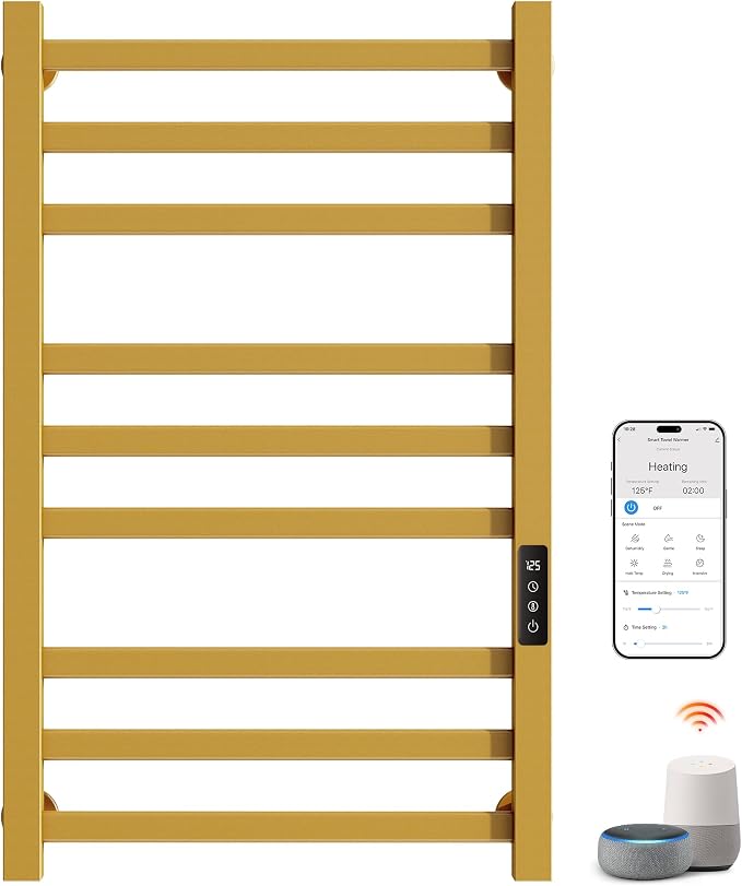 ENZE Smart Heated Towel Rack, 9-Bar Wall-Mounted Electric Towel Warmer 230W, Wi-Fi App Control & LED Touch Screen, Adjustable Temperature & 24H Timer, IPX5, Plug-in/Hardwired, Gold, Low Carbon Steel