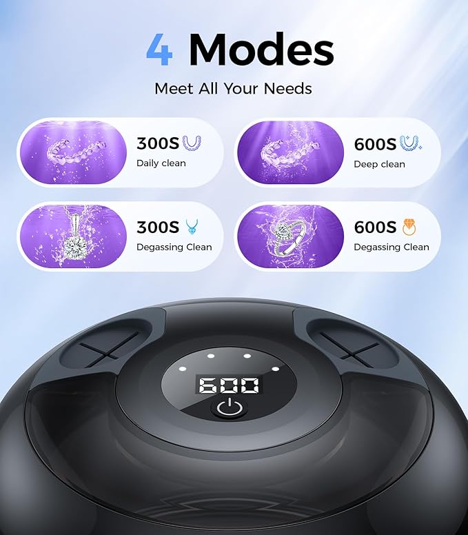 Retainer Cleaner 48kHz, Ultrasonic Retainer Cleaner Machine with 4 Modes for Dentures, Aligners, Mouthguards, Retainers, Jewelry Cleaner and Dental Cleaning Pod, 25W Ultrasonic Jewelry Cleaner