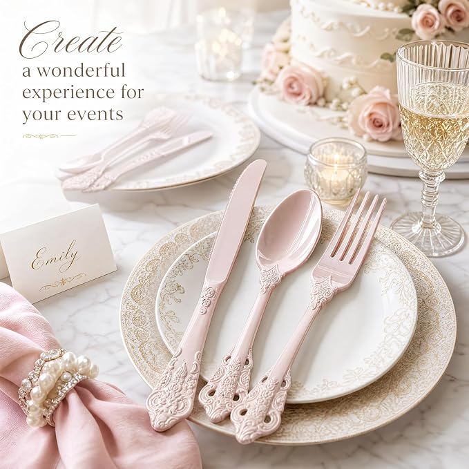 WDF 120 Pieces Heavy Duty Pink Plastic Cutlery Set - Disposable Utensils - Disposable Flatware Includes 40 Forks, 40 Spoons, 40 Knives for Party Baby Shower Wedding Spring