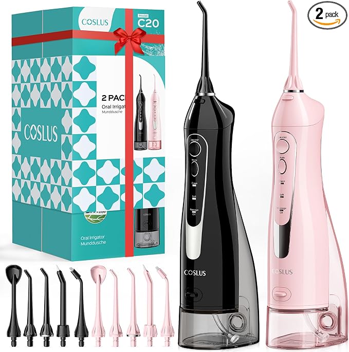 COSLUS ADA Accepted Water Dental Flosser Teeth Pick C20: Portable Cordless Oral Irrigator 300ML Rechargeable Travel Irrigation Cleaner IPX7 Waterproof Electric Flossing Machine, 2PCS, Black & Pink