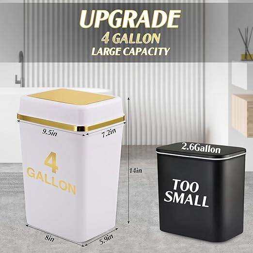 3 Pack Bathroom Trash Can with Lid 4 Gallon Small Trash Can with Swing Lid White and Gold Bathroom Garbage Can with 225 Counts Trash Bags for Kitchen Bedroom Office