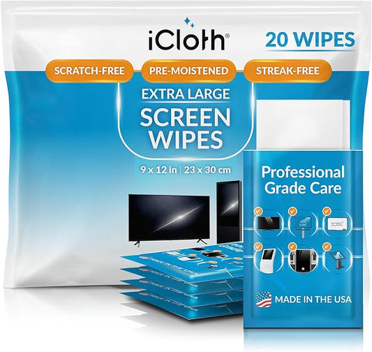 iCloth XL Screen Cleaning Wipes, Lint-Free and Streak-Free, Fast-Drying, Removes Dust, Fingerprints, and Smudges (20 XL Wipes)