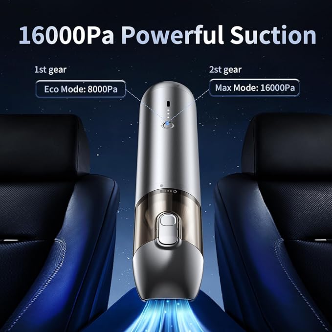 Handheld Vacuum Cordless, Car Vacuum Portable with Brushless Motor & 16000Pa Strong Suction, 4 in 1 Mini Vacuum Cleaner Rechargeable, Metal Hand Held Vacuum for Car Home Office and Pet, Grey