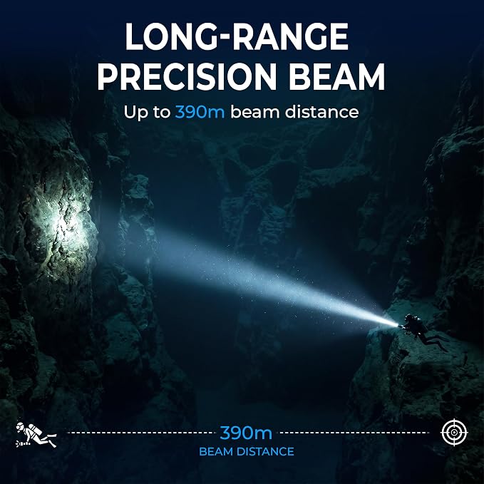 Blue Reef 2000 Lumens Scuba Dive Light, 390m Long-Range Beam, 4Hr Runtime / 2Hr at Full 2000LM Output – USB-C Rechargeable, 100m Waterproof Diving Flashlight for Scuba & Night Diving