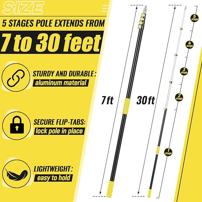 7-30 ft Telescopic Extension Pole with Utility Hook, Multi-Purpose Aluminum Pole for Painting, Dusting and New Year Window Cleaning Christmas Lights Installation Without a Ladder(Yellow)