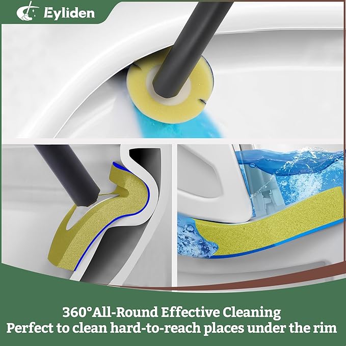 Eyliden Toilet Brush and Plunger Combo Set | 2-in-1 Disposable Toilet Bowl Wand Kit with 10 Refill Heads, Toilet Plunger, Compact Storage Holder | Bathroom Cleaning System for Home, Black